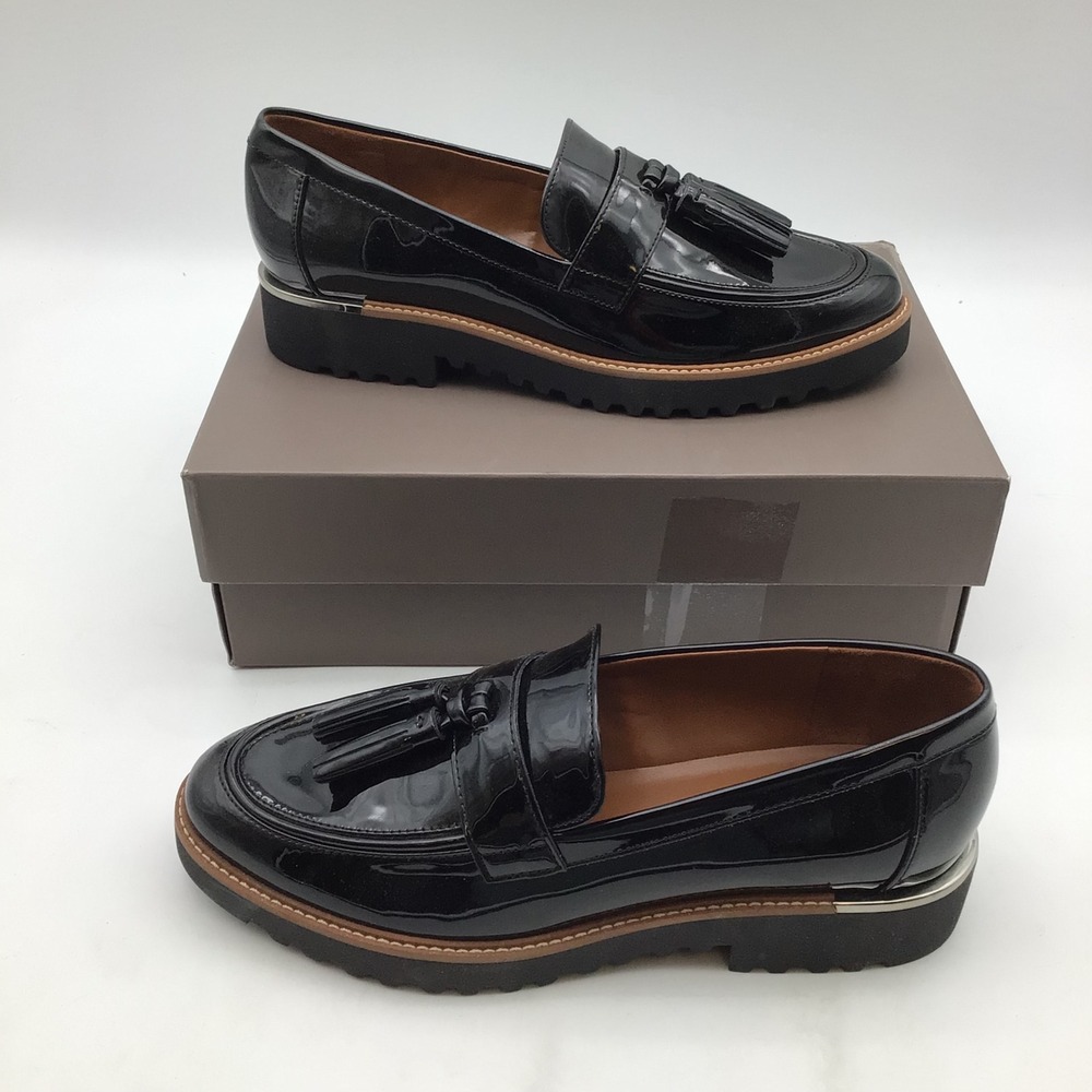 Franco Sarto Womens Black Leather Tassel Lug Sole Loafer Shoes Size 8.5 NEW